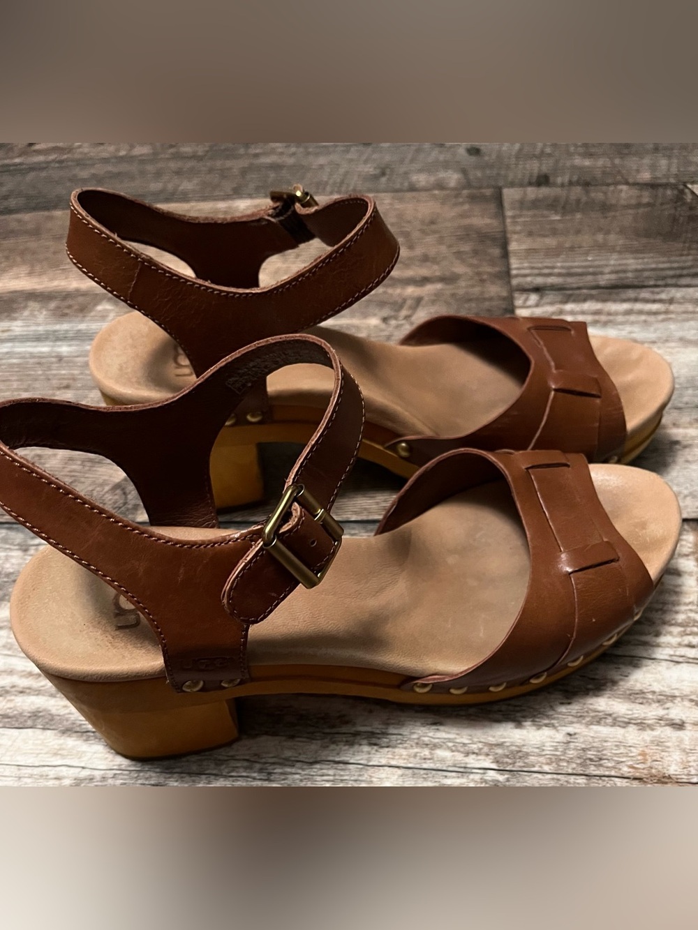 UGG Brown Leather Ankle-Strap Clog Sandals
